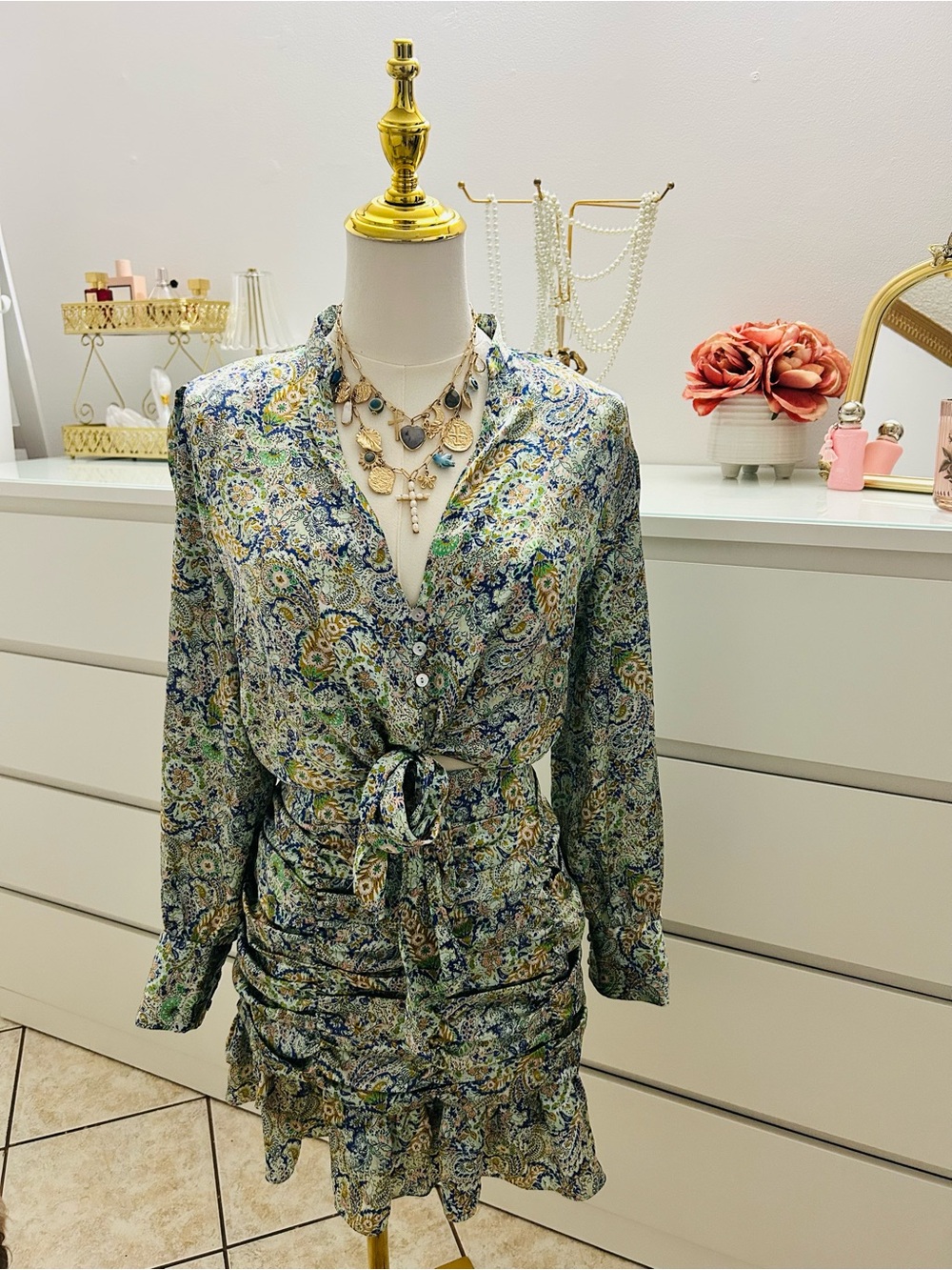 Zara Paisley Print Green Blue Tie-Waist Skirt Set